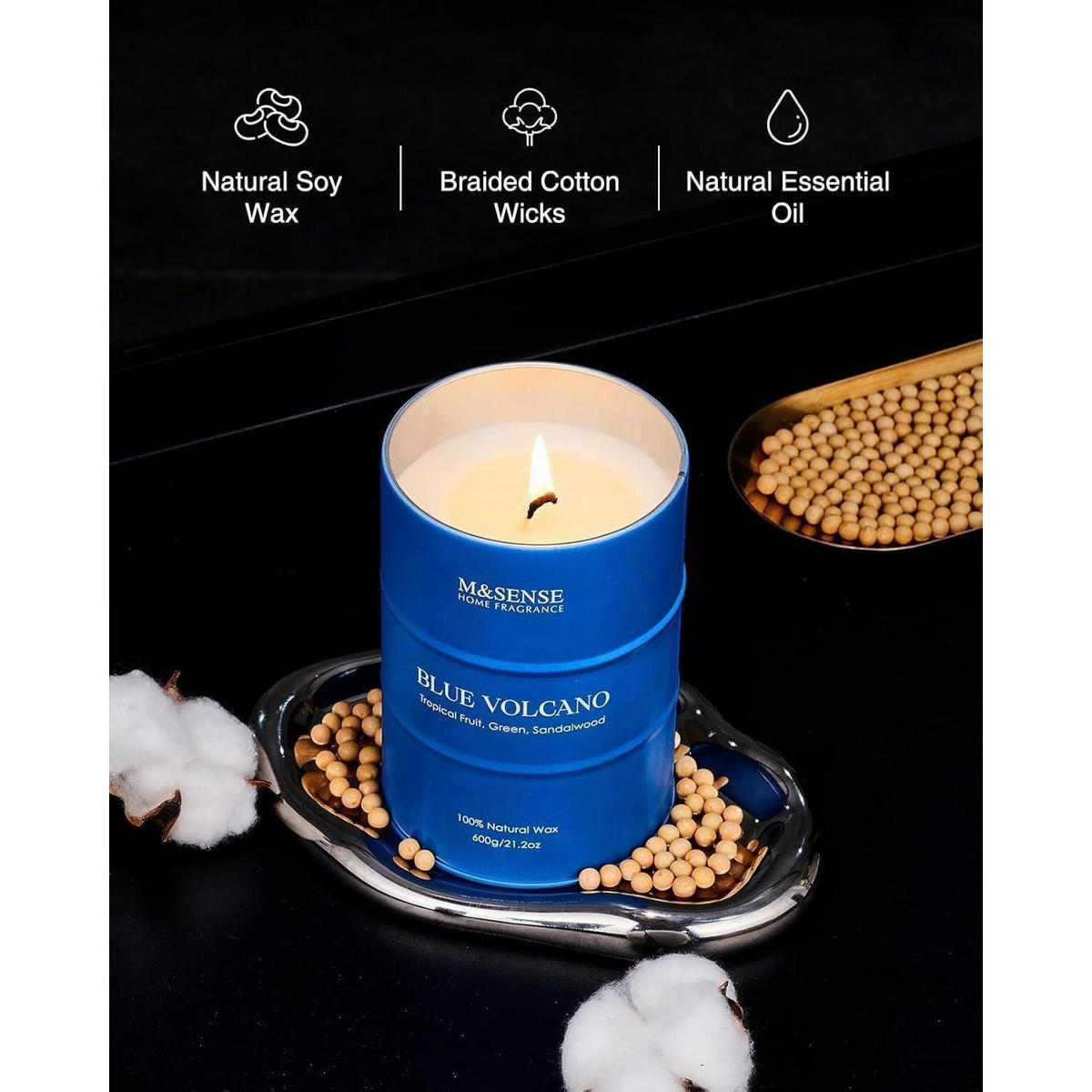 DUFTKERZE Blue Volcano Sojawachs 600g 130 Stunden Brenndauer - Blau, Paraffin (13cm)