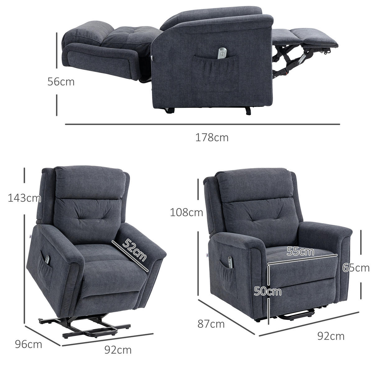 FERNSEHSESSEL mit Aufstehhilfe, Dunkelgrau - Dunkelgrau/Schwarz, Textil/Metall (87/108/92cm) - HOMCOM
