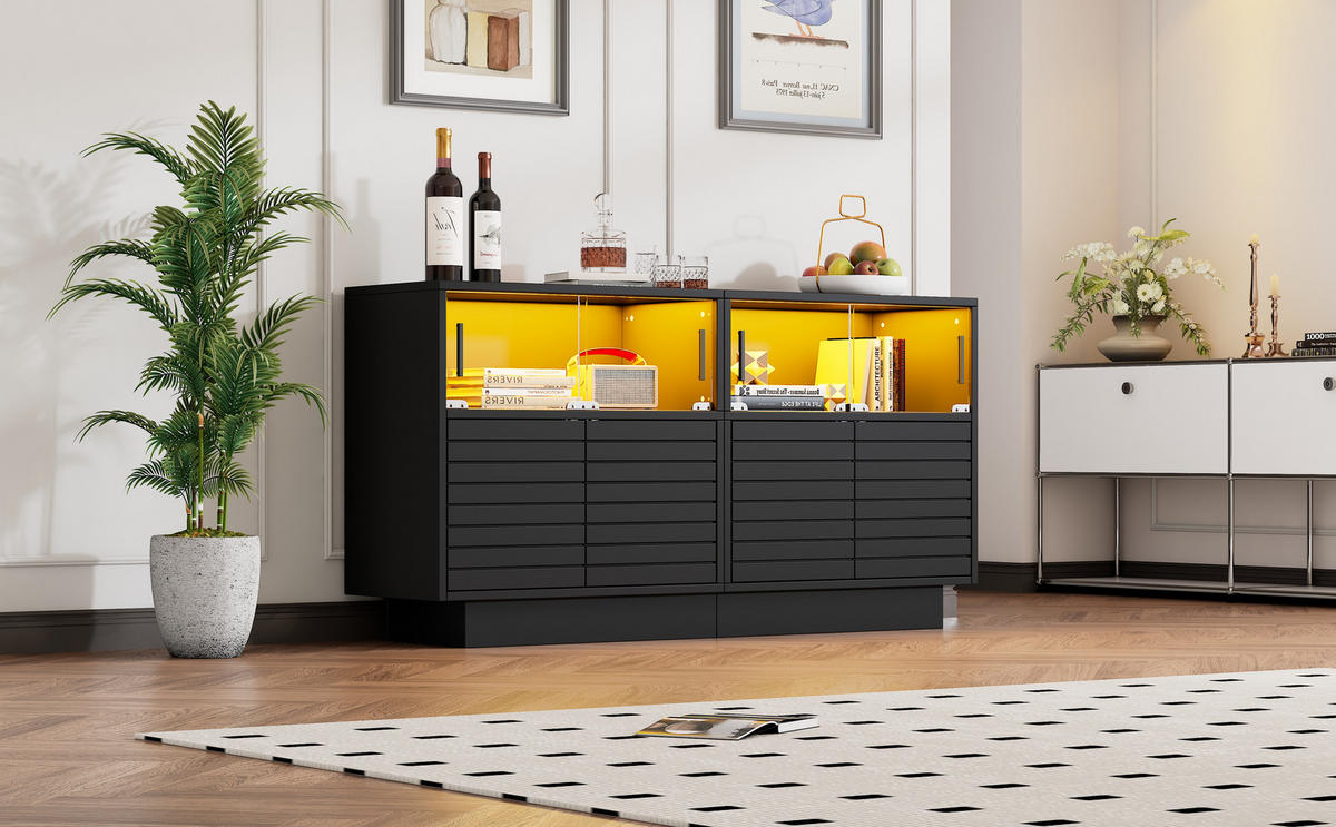 SIDEBOARD Schwarz LED 130/35/68 cm - Schwarz, Holzwerkstoff (130/68/35cm) - PANGIVO