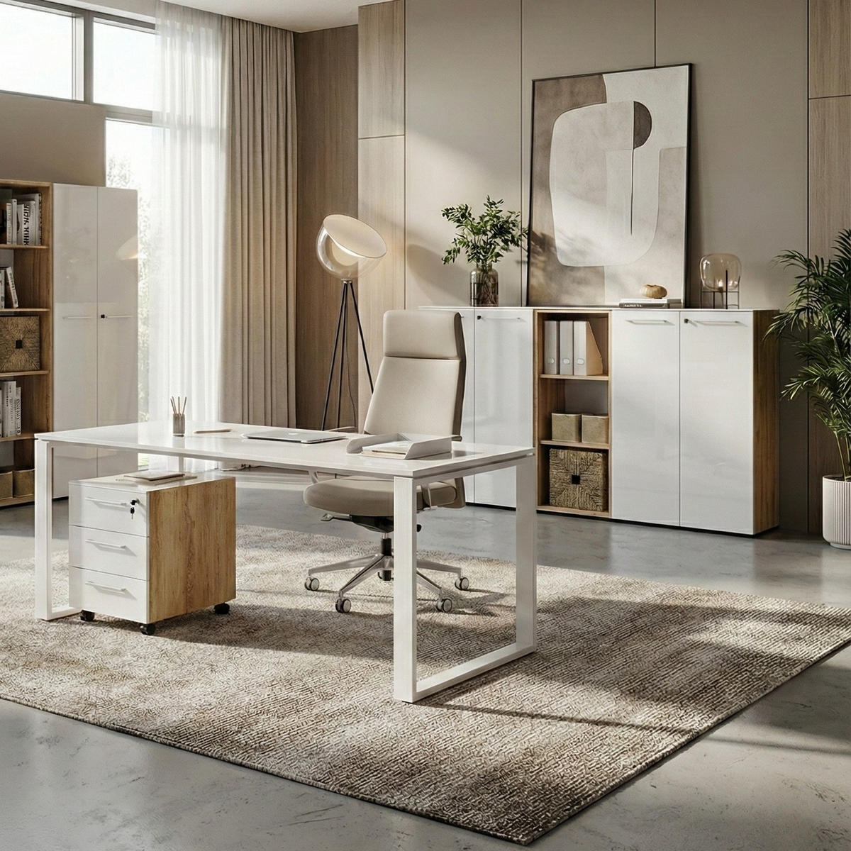 BÜRO-SET MUENCHEN 5-teilig | Glasfront Abschließbar | Schreibtisch, Container, 2 Schränke, Regal | Chalet-Eiche-Nb./Weiß - Weiß, Holzwerkstoff/Metall (415/120/80cm) - KADIMA DESIGN