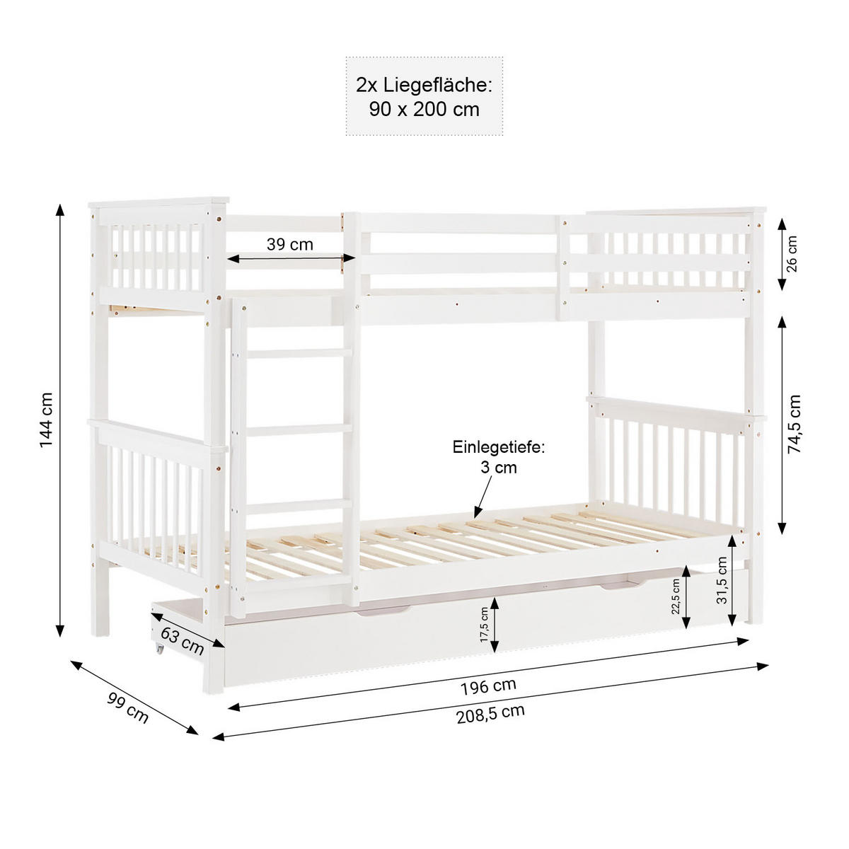 ETAGENBETT mit Matratze Bettkasten 90/200 cm Weiß - Weiß, Holz (90/200cm) - Homestyle4u