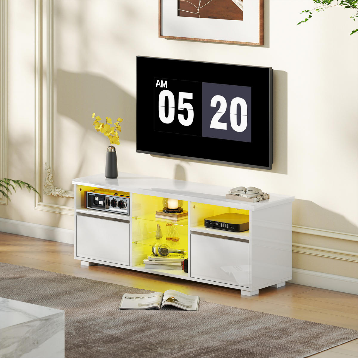 TV-LOWBOARD Weiß Hochglanz 120/34/45 cm, LED-Beleuchtung, Glasböden - Weiß Hochglanz, Holzwerkstoff (120/45/34cm) - PANGIVO