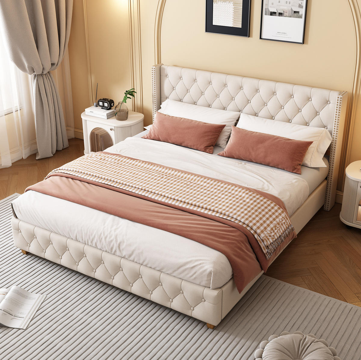 POLSTERBETT 160/200 cm mit Lattenrost, getuftetem Kopfteil mit Nieten, Beige - Beige, Textil (160/200cm) - Redom
