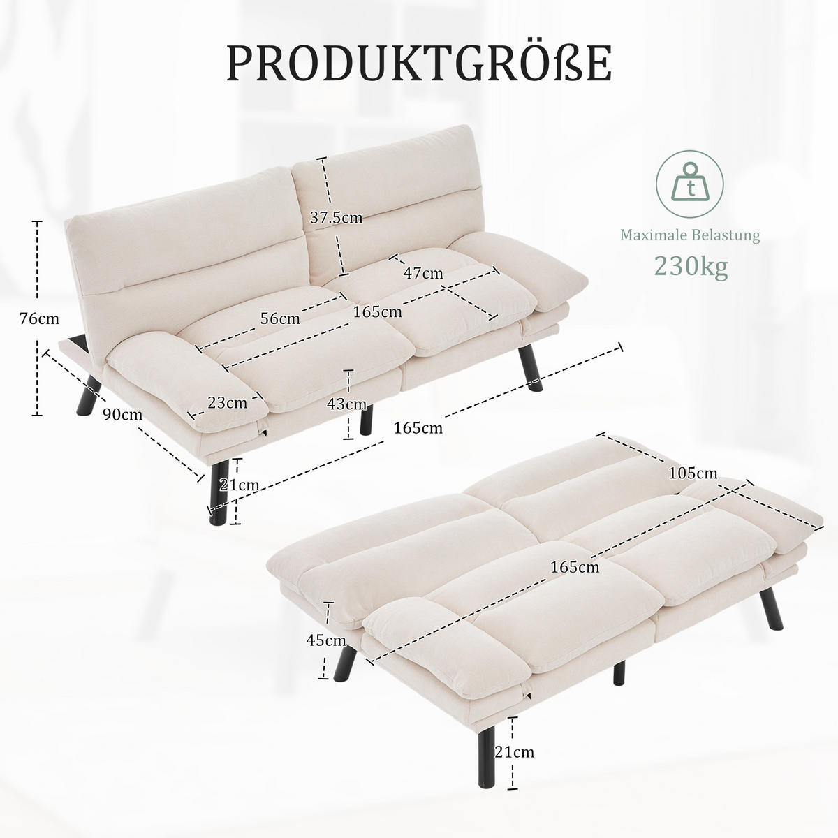 2-SITZER SOFA mit Verstellbare Rückenlehne und Armlehnen, Metallfüße, Beige - Beige, Textil (90/76/165cm) - KOMHTOM