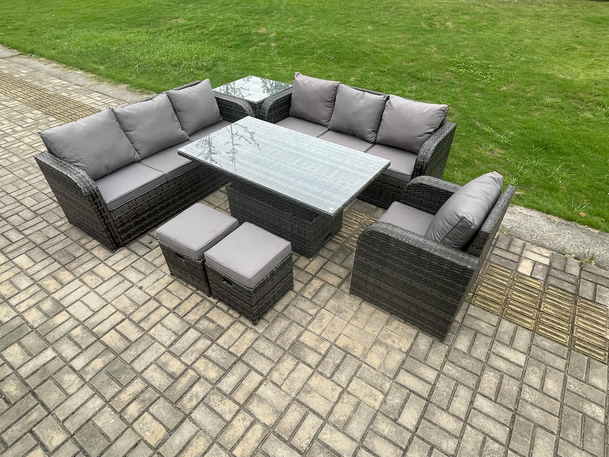 GARTENMÖBELSET mit Höhenverstellbarer Esstisch Polyrattan 9-Sitzer Grau - Dunkelgrau/Grau, Glas/Kunststoff - Fimous