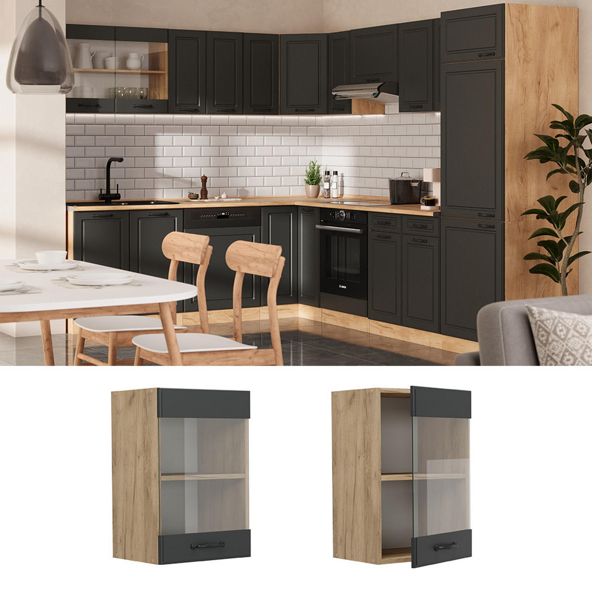 KÜCHENGLASHÄNGESCHRANK R-Line Anthrazit Landhaus 40 cm - Honigeiche/Anthrazit, Holzwerkstoff (40/60/31cm) - Vicco