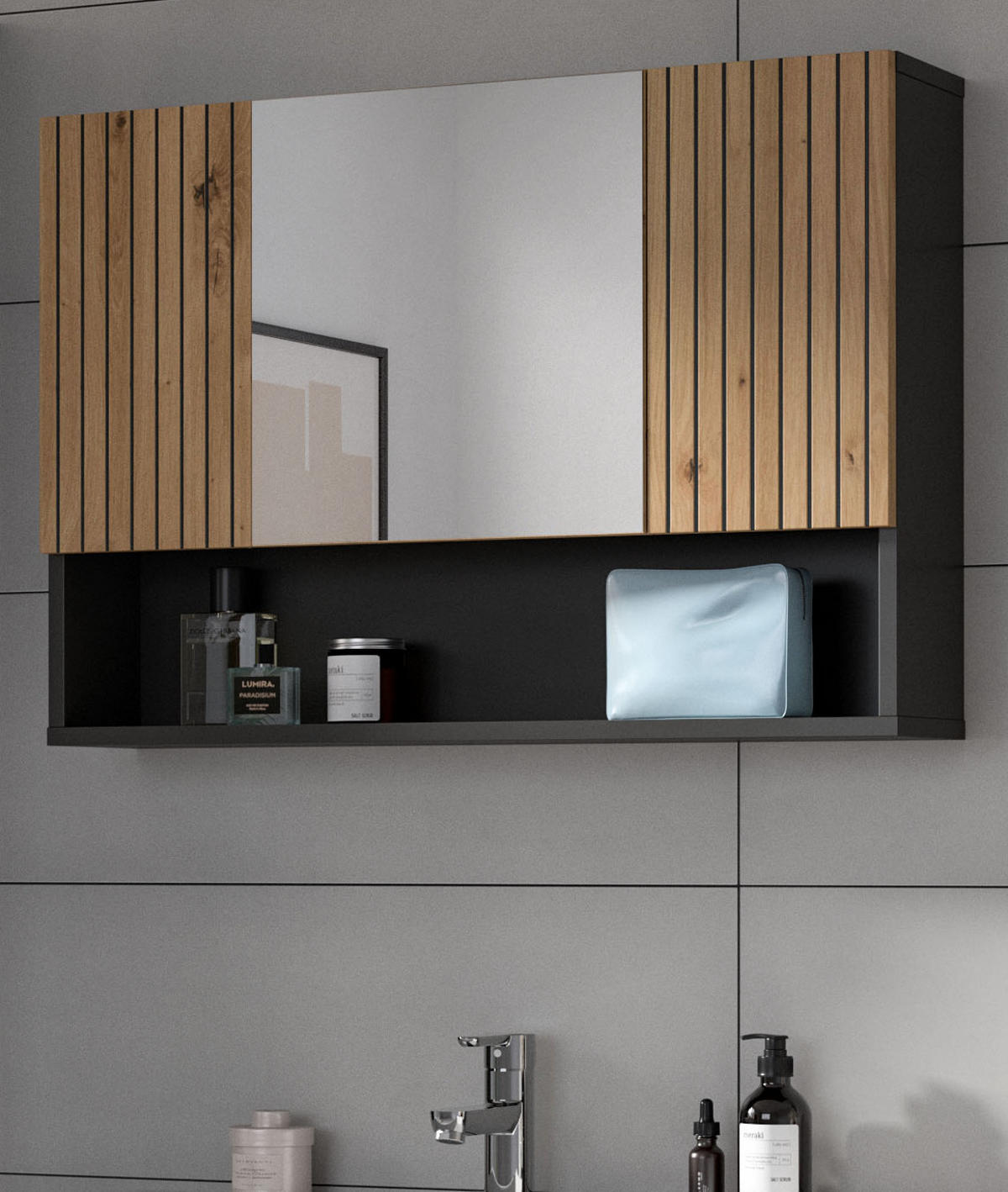 SPIEGELSCHRANK Eiche Artisan, grau 80 x 55 cm, Badschrank 3-türig - Eiche Artisan, Glas/Holzwerkstoff (80/55/17cm) - Inn.Furn