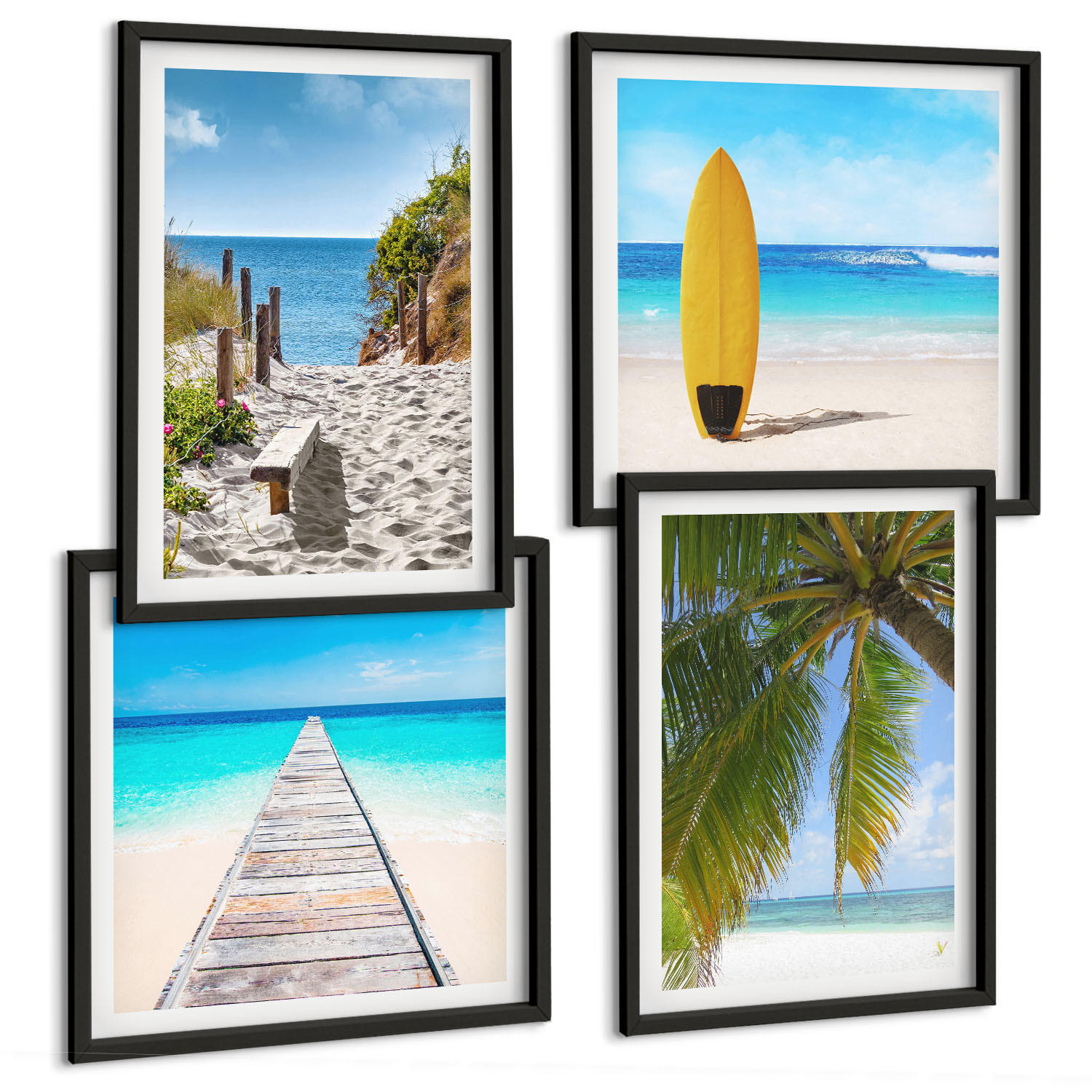 BILDER SET 4er Set - 50x50 cm & 40x60 cm Schwarzer Rahmen - Urlaubsblick Strand Palmen - Schwarz, Kunststoff (50/50cm) - TULUP