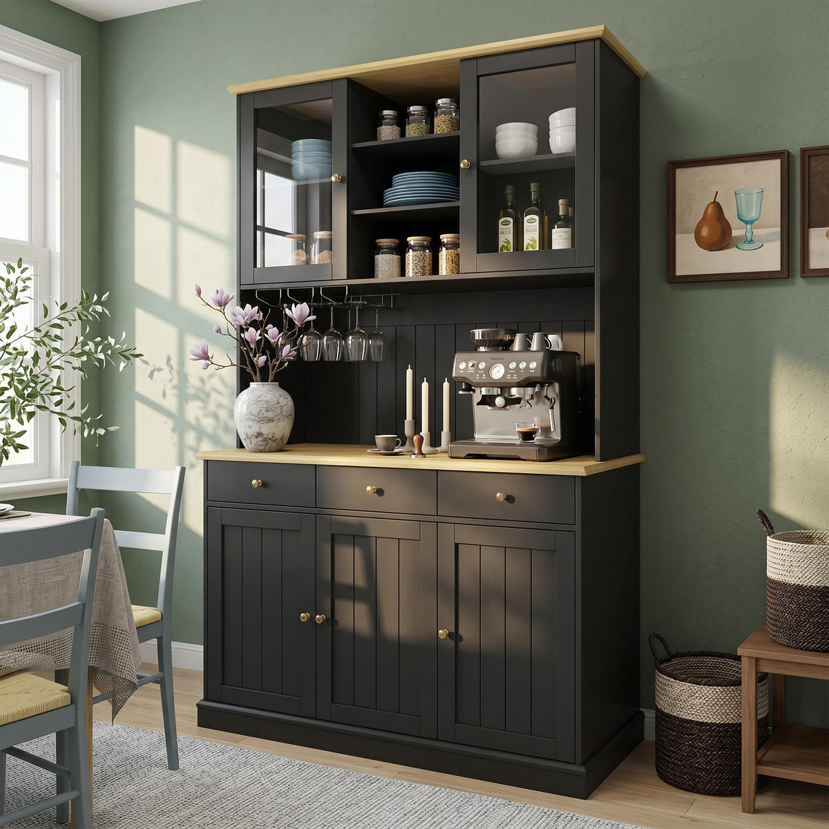 BUFFETSCHRANK DE-38594 120/40/191 cm Glastüren und integrierte Steckdose Schwarz - Schwarz, Holzwerkstoff (120/191/40cm) - ComfortXL
