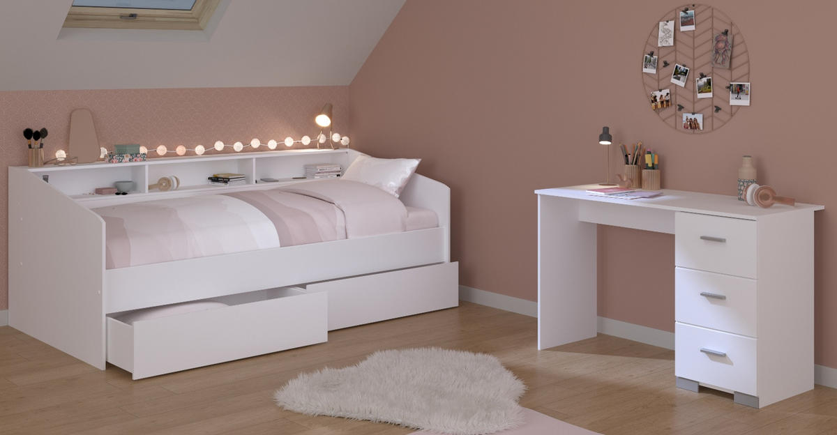 KINDERZIMMER Set 2-tlg. Schreibtisch und Bett mit Stauraum 90x200 cm - Silberfarben/Weiß, Holz/Holzwerkstoff (203/82/113cm) - Parisot Meuble