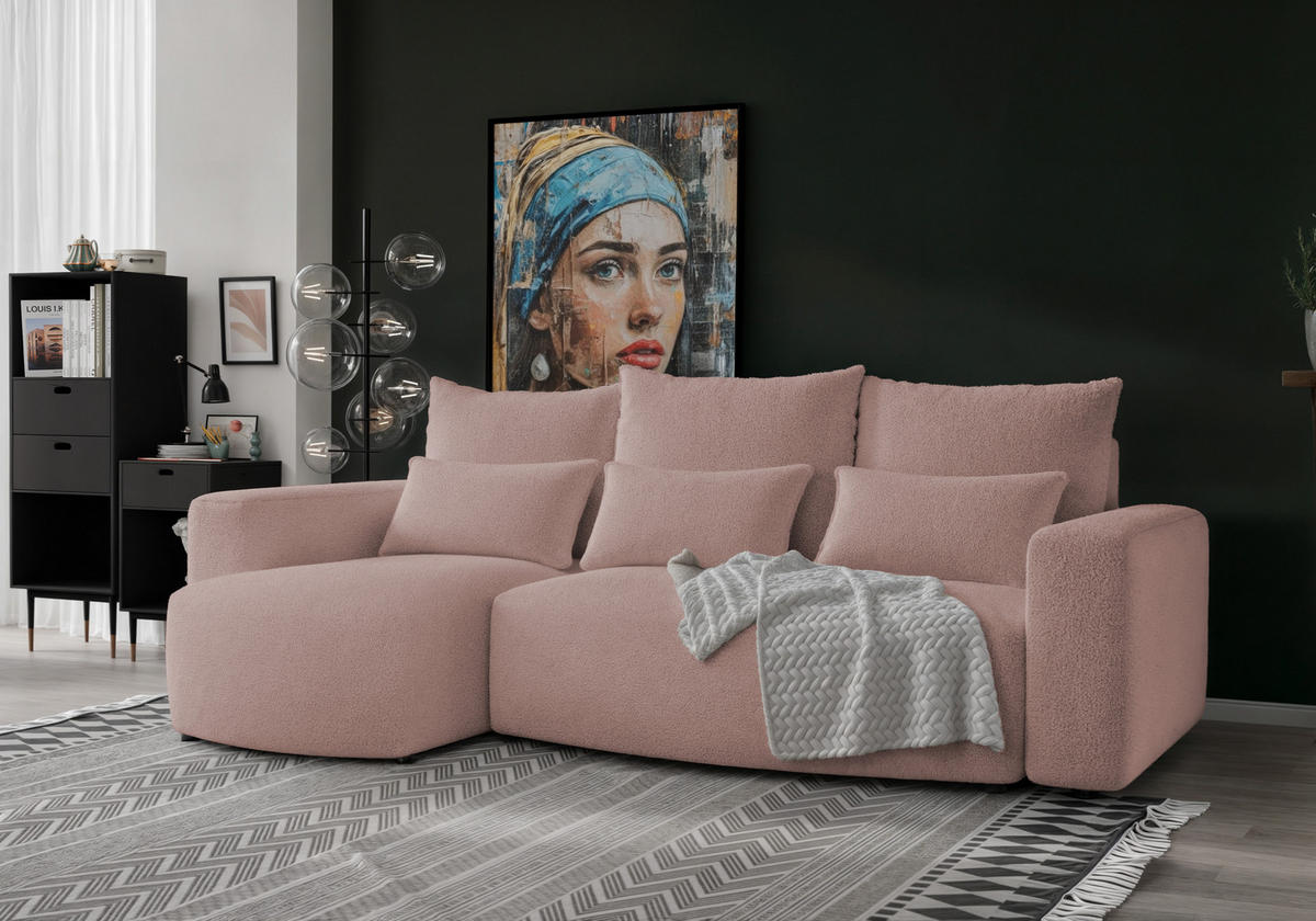 ECKSOFA Travis mit Bettkasten und Schlaffunktion, L-Form, Boucle, Universal - Altrosa, Holzwerkstoff (248/148cm) - 4ALL HOME