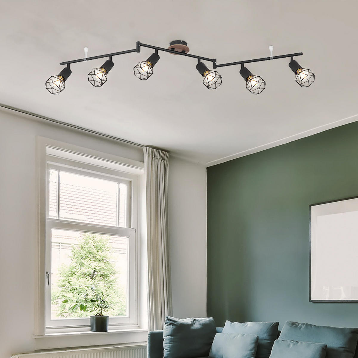 DECKENLEUCHTE Retro Schwarz Drahtgeflecht 6 flammig - Schwarz, Holz (116/10/24.5cm) - Globo Lighting