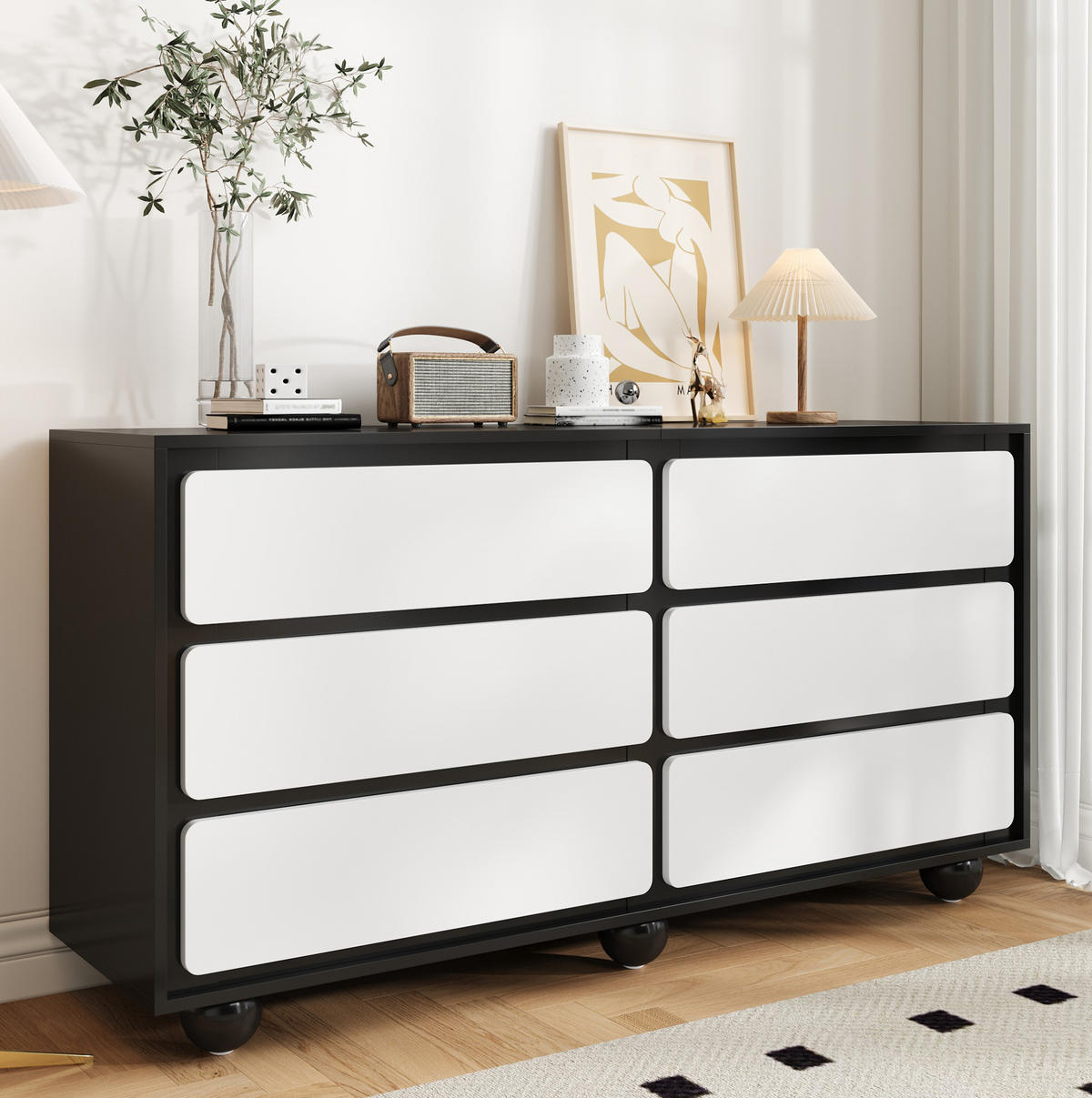SIDEBOARD 140/38/74,5 cm weiß/schwarz aus Spanplatte mit 6 Schubladen - Weiß, Holzwerkstoff (140/74.5/38cm) - OKWISH