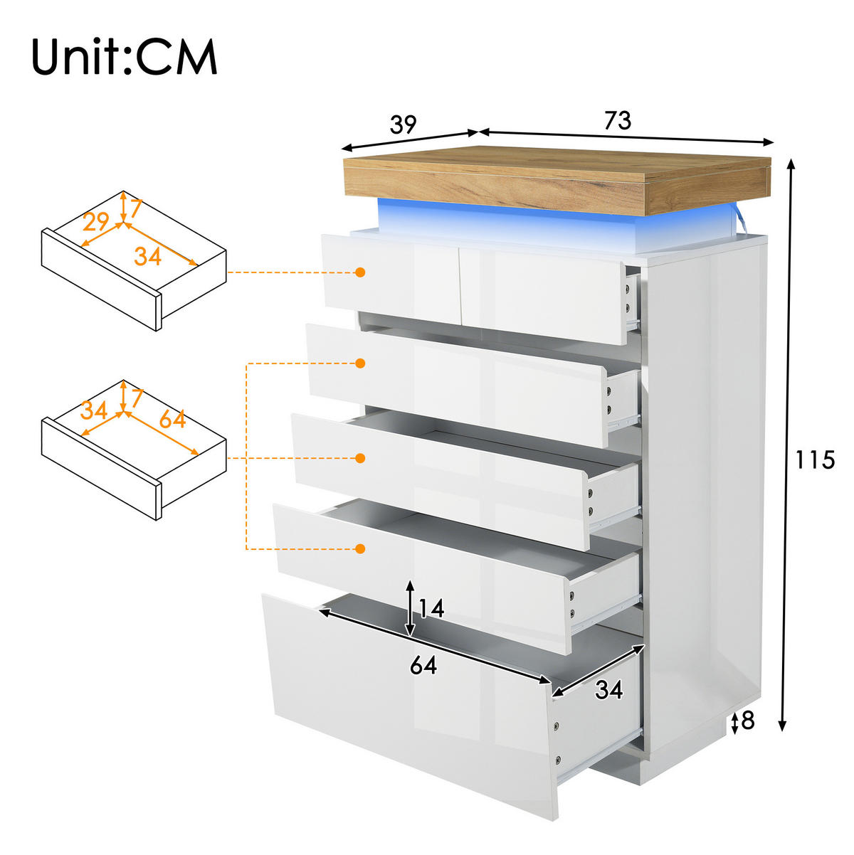 KOMMODE aus Spanplatte und MDF 73x39x115 cm Weiß mit 6 Schubladen und LED-Beleuchtung - Weiß, Holzwerkstoff (73/115/39cm) - IVMEU