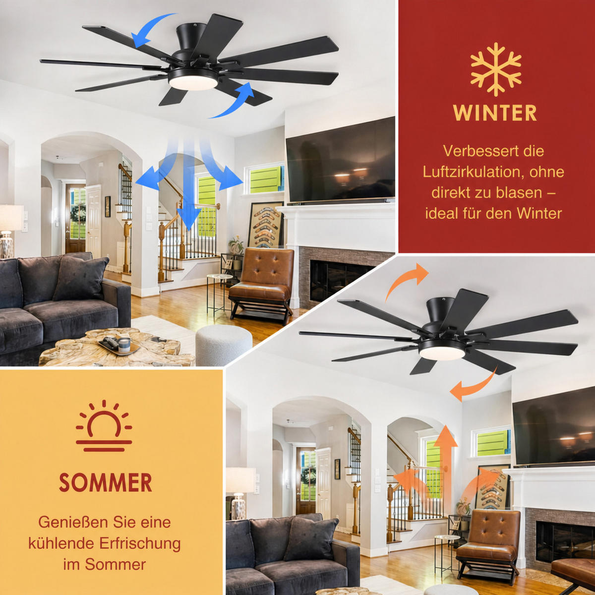 DECKENVENTILATOR Schwarz 132 cm mit 8 Flügeln LED und leisem DC-Motor - Schwarz, Metall (132/132/27cm) - Surtime
