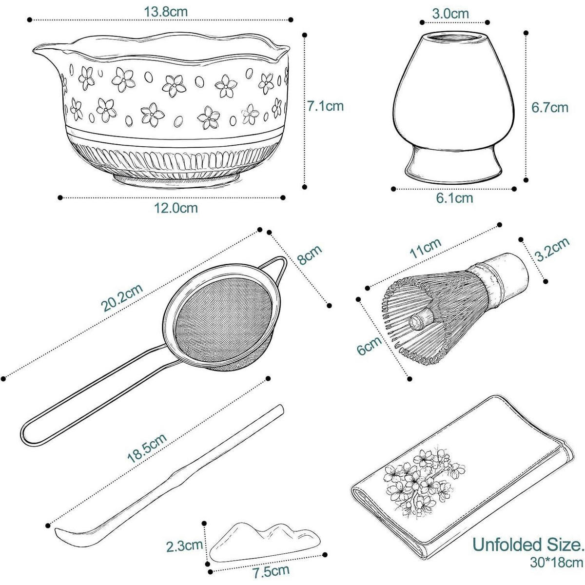 MATCHA Set 7-teiliges traditionelles Tee-Set mit Bambusbesen und Schale - Dunkelblau, Keramik (15/10/15cm)