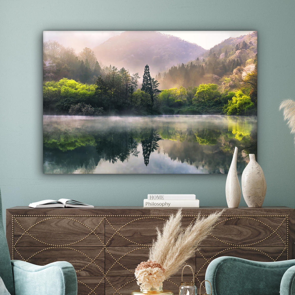 LEINWANDBILD Natur - Bäume - Berge - See - Wasser XXL 150x100 cm - Hellgrün, Textil (150/100cm) - MuchoWow