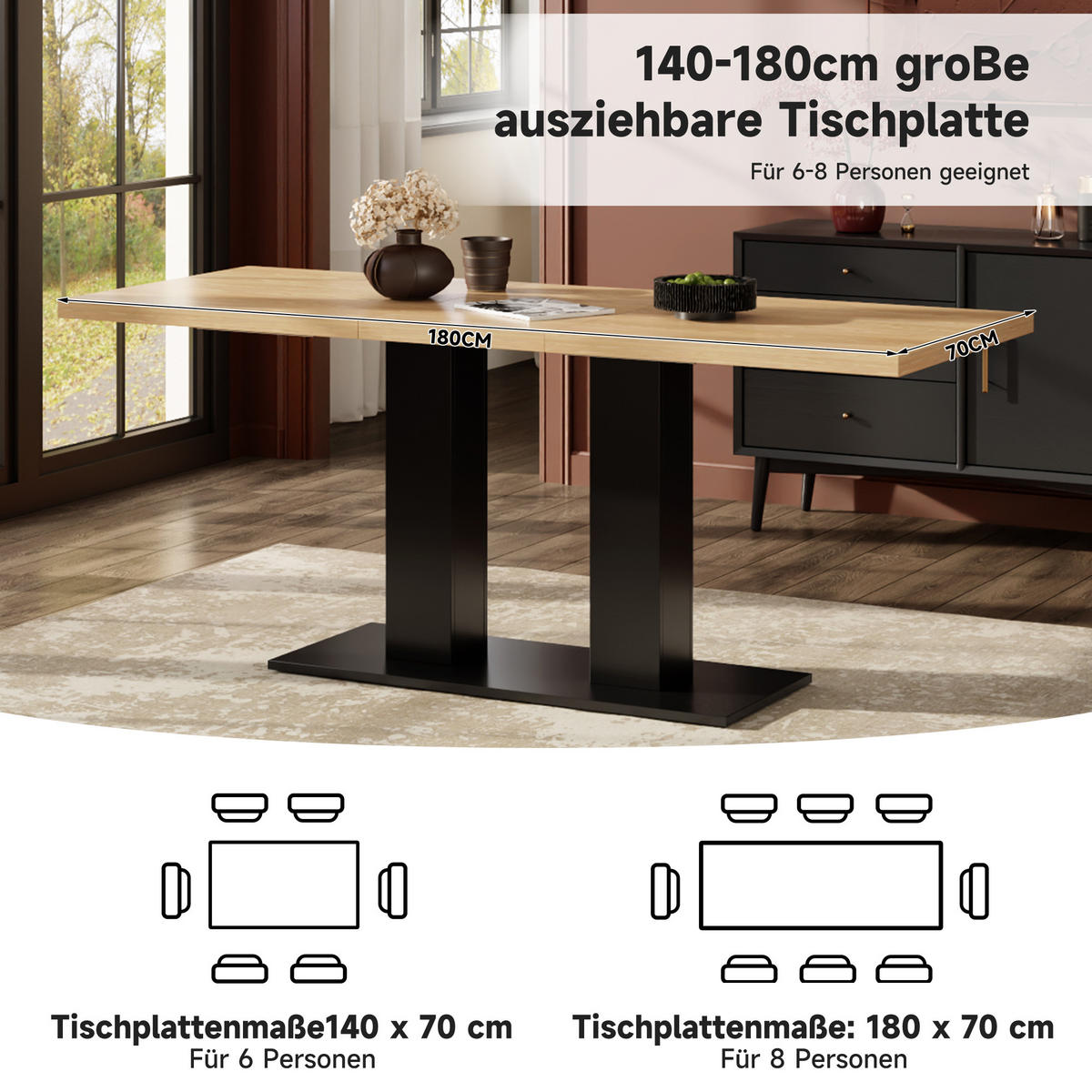 ESSTISCH, 6-8 Personen, Ausziehbar, Naturholz, 140/180x70cm - Naturfarben, Holzwerkstoff (180/70/75cm) - FLIEKS