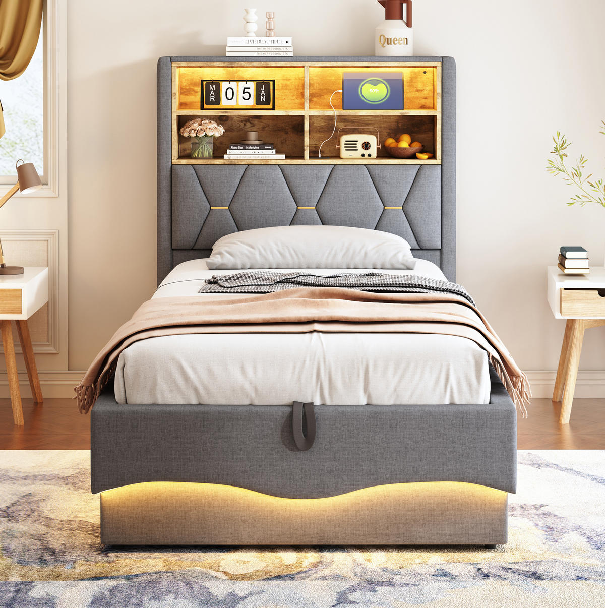 KINDERBETT 90/200 cm aus Metall mit LED-Lichtband, USB-Anschluss und Stauraum Grau - Grau, Metall (90/200cm) - Modenvie