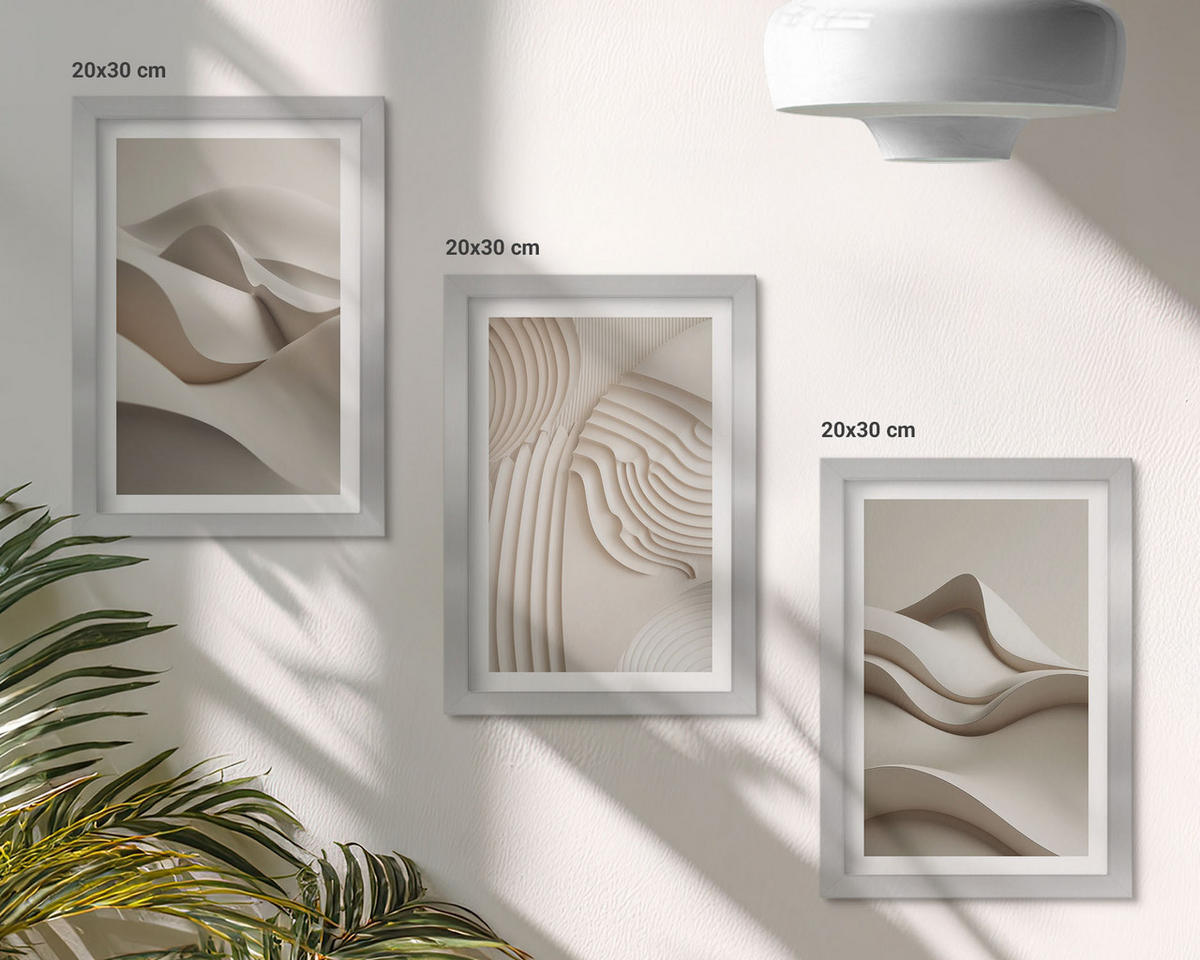 BILDER SET 3er Set - 20x30 cm Silberner Rahmen - Abstrakte beige Wellen - Silberfarben, Kunststoff (20/30cm) - TULUP