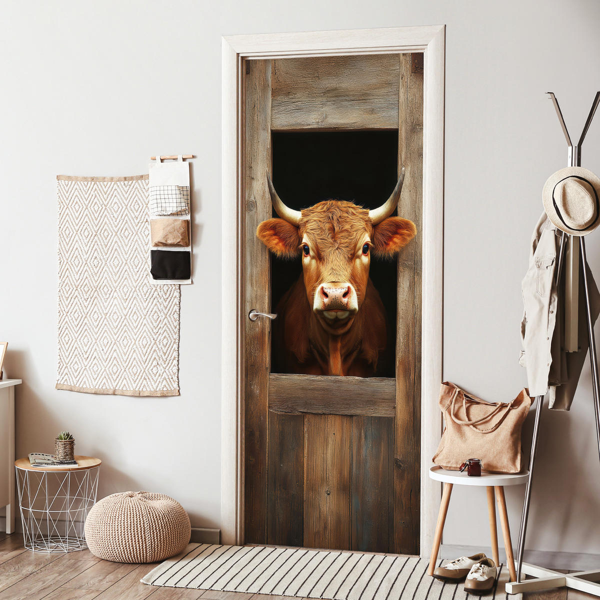 FOTOTAPETE Tür - Kuh - Fenster - Holz - Tiere 95x235 cm - Wengefarben, Kunststoff (95/0.1cm) - MuchoWow
