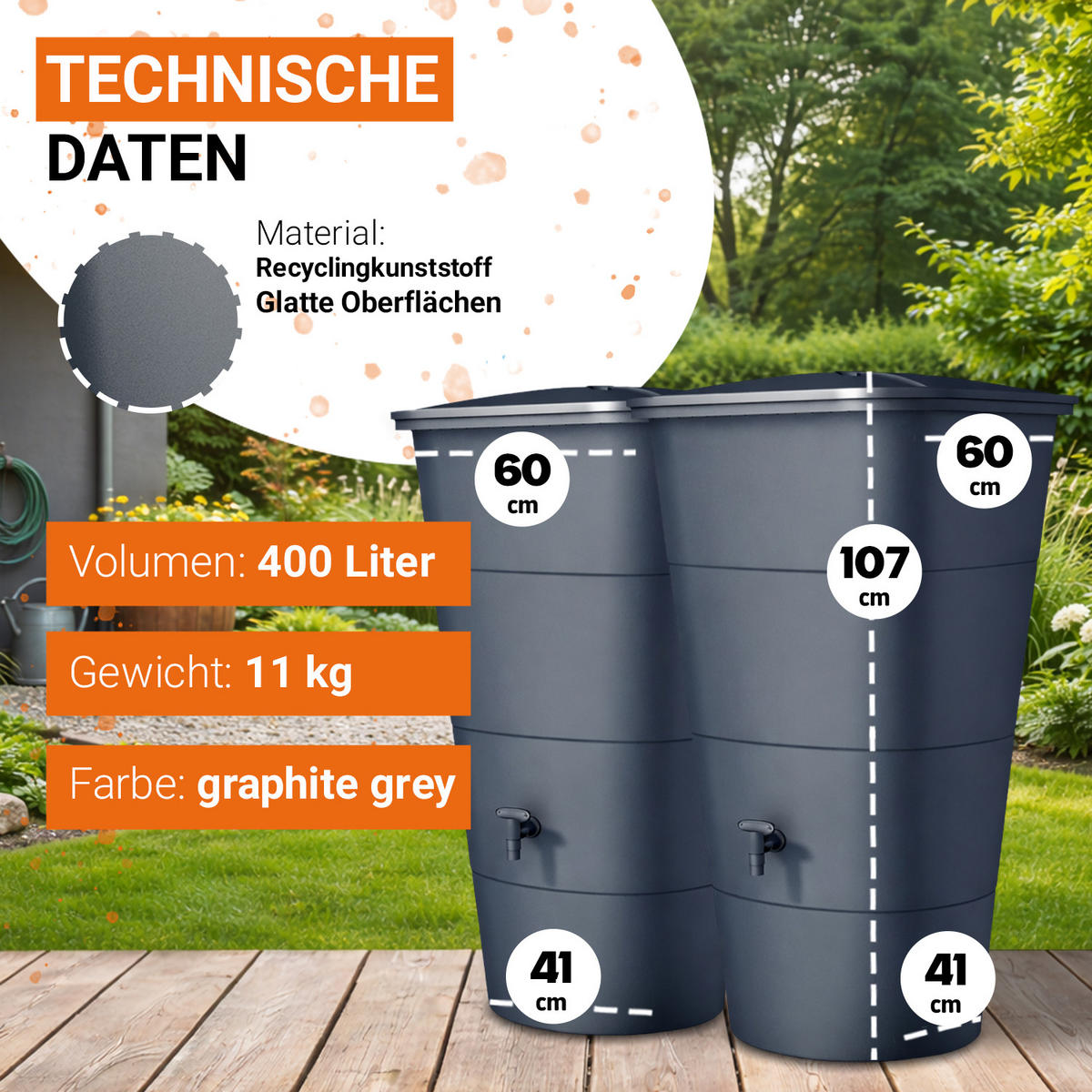 REGENTONNEN-SET eckig 400 L, graphite grey 2 x 200L Regentonne eckig inkl. Verbinder - Grau, Kunststoff (59.8/107/129.6cm) - GARANTIA
