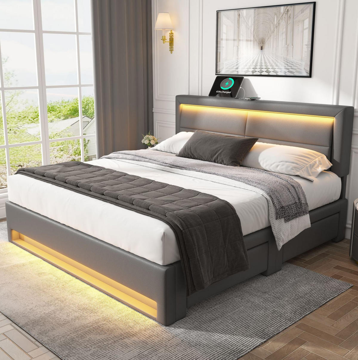 POLSTERBETT aus PU 140x190 cm Grau mit LED-Beleuchtung, USB- und kabelloser Ladefunktion, 4 Schubladen - Grau, Kunststoff (140/190cm) - IVMEU