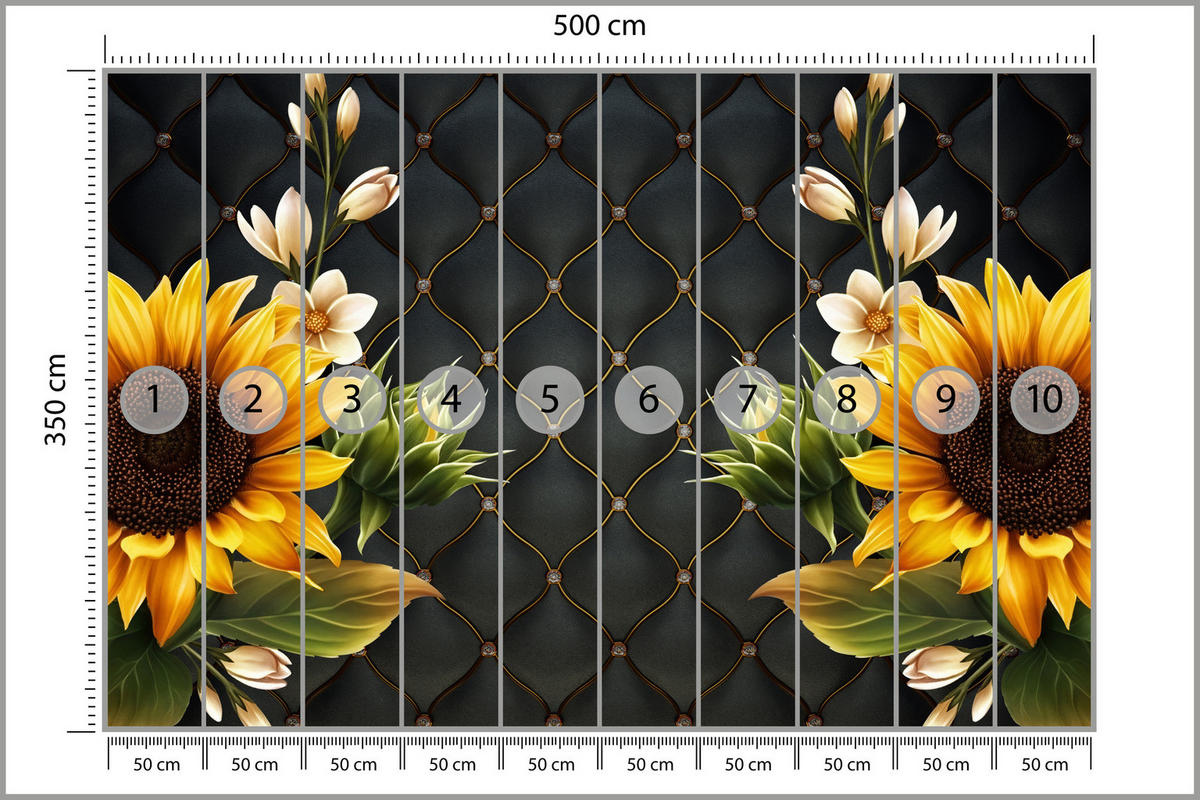 FOTOTAPETE für Küche Blume Sonnenblumen auf gestepptem Hintergrund 500x350 - Gelb/Schwarz, Papier (500/350cm) - Muralo