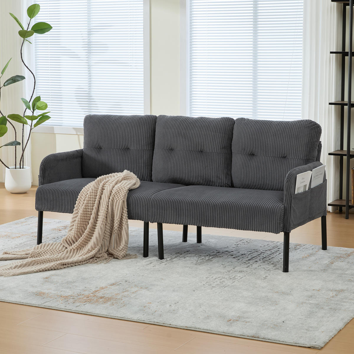 3-SITZER Sofa mit Seitentaschen, Metallgestell & Leinenstoff, 171cm, Grau - Schwarz/Grau, Textil/Metall (171/80/72cm) - LVHOM