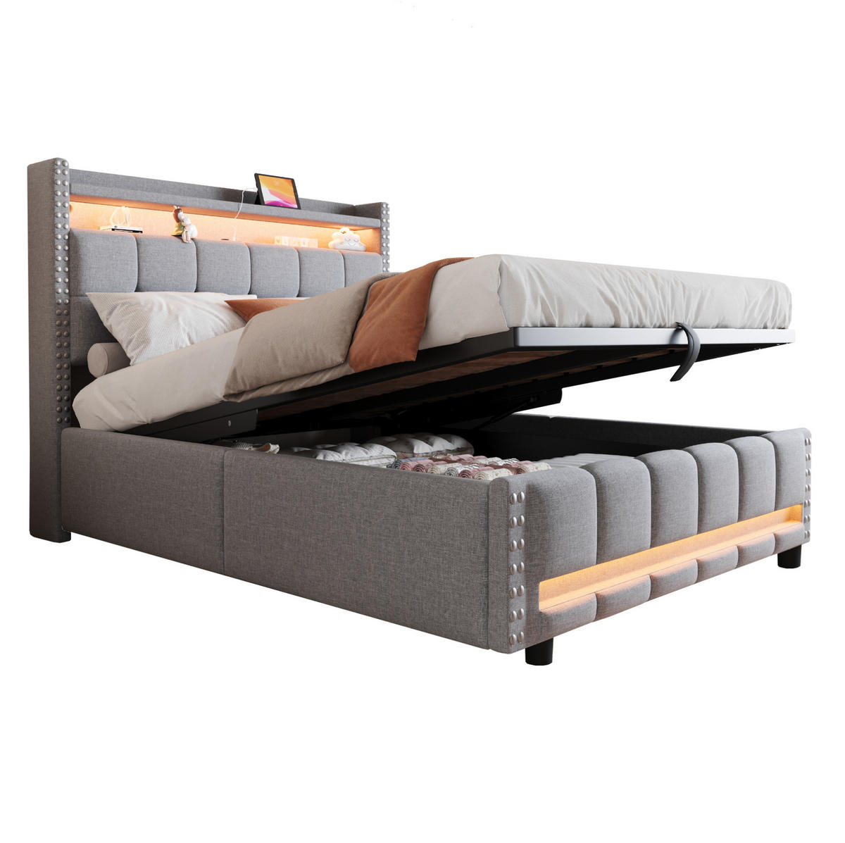 POLSTERBETT 140/200 cm Hellgrau mit LED-Beleuchtung und USB-Steckdose - Hellgrau, Textil (140/200cm) - OKWISH