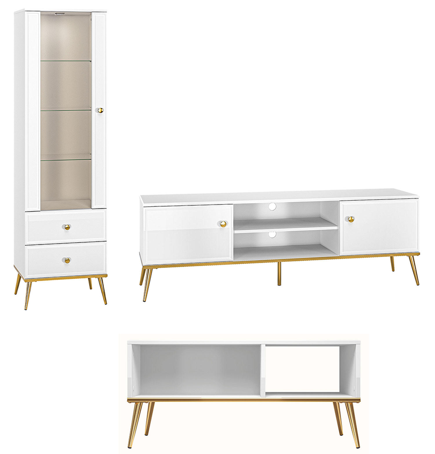 WOHNZIMMER-SET Goldin 3-teilig - Weiß Hochglanz/Weiß, Holz/Holzwerkstoff (215/190/40cm) - Feldmann-Wohnen