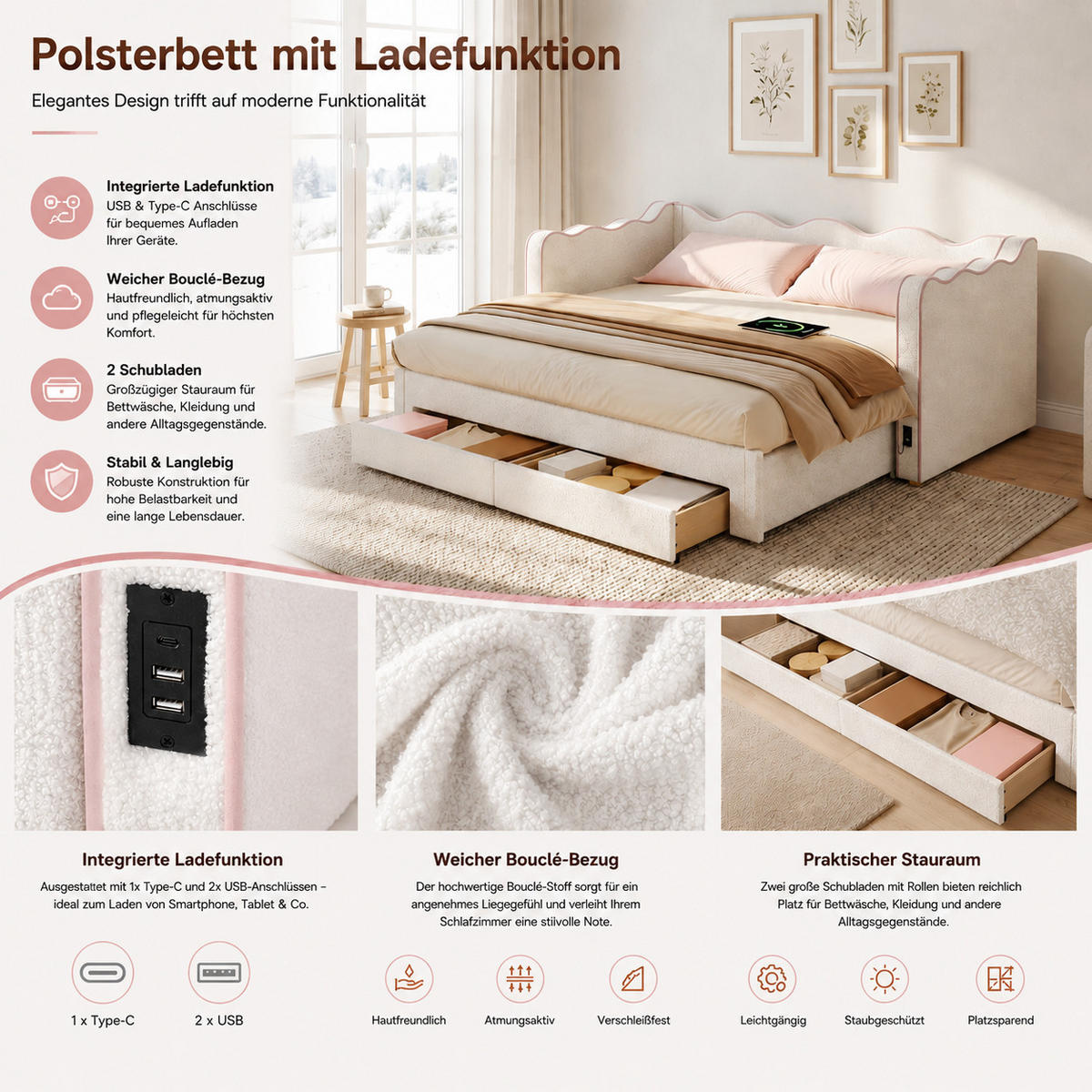 POLSTERBETT 90/200 cm in Beige mit 2 Schubladen, USB und Type-C - Beige, Holzwerkstoff/Textil (90/200cm) - CHICFURN