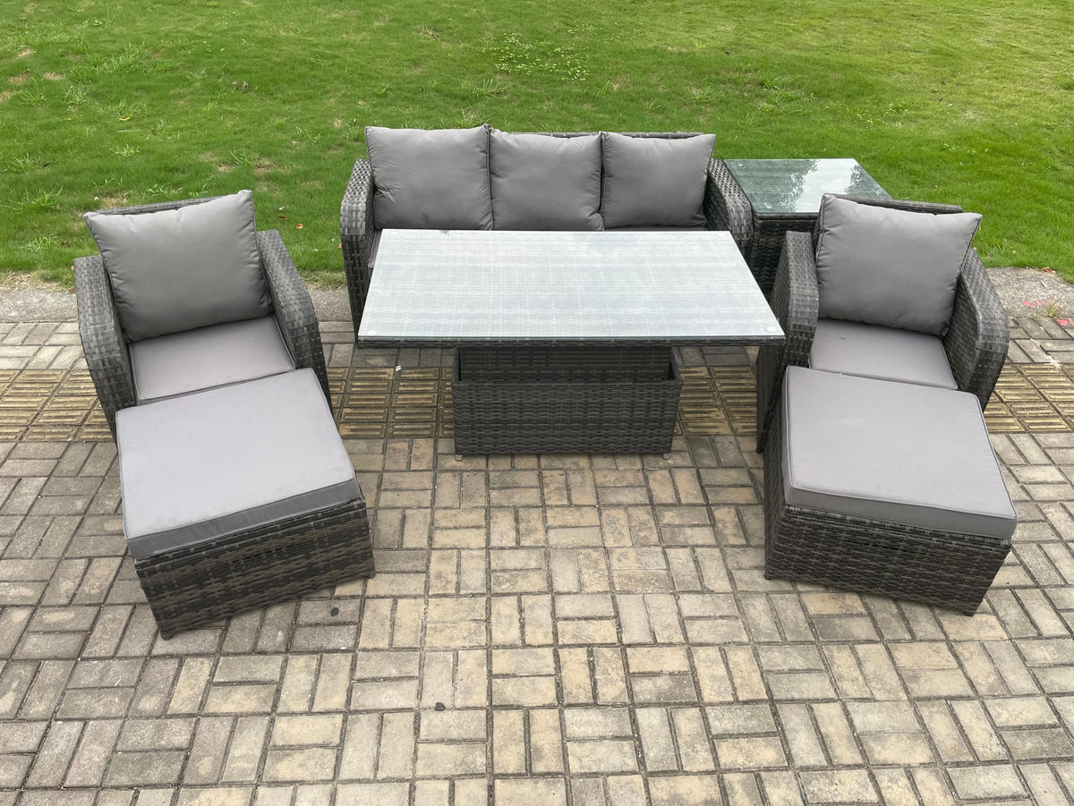 GARTENMÖBEL-SET HÖHENVERSTELLBARER ESSTISCH 3-SITZER SOFA BEISTELLTISCH Polyrattan Outdoor 7-Sitzer - Dunkelgrau/Grau, Glas/Kunststoff - Fimous