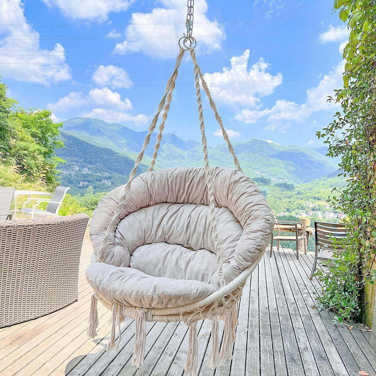 HÄNGESESSEL Makramee Beige mit Kissen bis 150 kg - Beige, Textil (80/1.5/140cm)