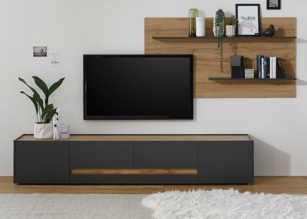 WOHNWAND 2-teilig grau matt, Eiche Wotan 300 cm, Wohnkombination mit XXL Lowboard - Eiche Wotan/Grau, Holz/Holzwerkstoff (300/180/45cm) - Furn.Design
