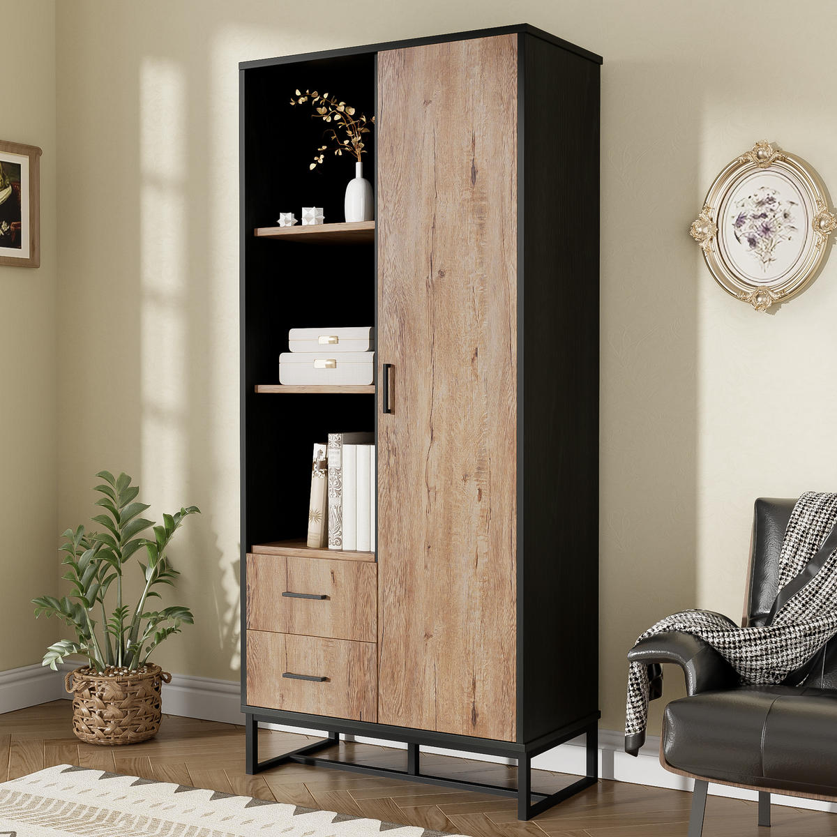 HOCHSCHRANK mit 2 Schubladen und offenen Fächern Schwarz - Schwarz, Holzwerkstoff (40/180/80cm) - Urban Meuble