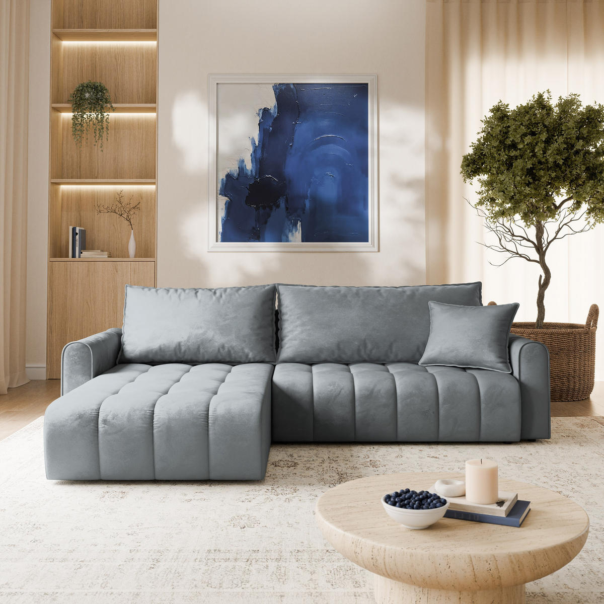 ECKSOFA FRIGA Grau Velours-Stoff mit Schlaffunktion - Grau, Holz (283/185cm) - MASSENO