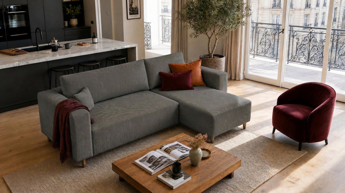 ECKSOFA mit Schlaffunktion und Bettkasten Rio, Ecksofa Cordstoff Dunkelgrau, Ottomane Universal, 249x142 cm - Dunkelgrau, Textil (249/142cm) - Marpur