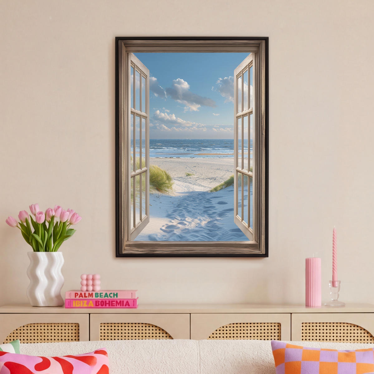 LEINWAND Bilder mit Rahmen - Aussicht - Strand - Fenster - Dünen - Meer - 60x90 - Hellblau, Textil (60/90cm) - MuchoWow