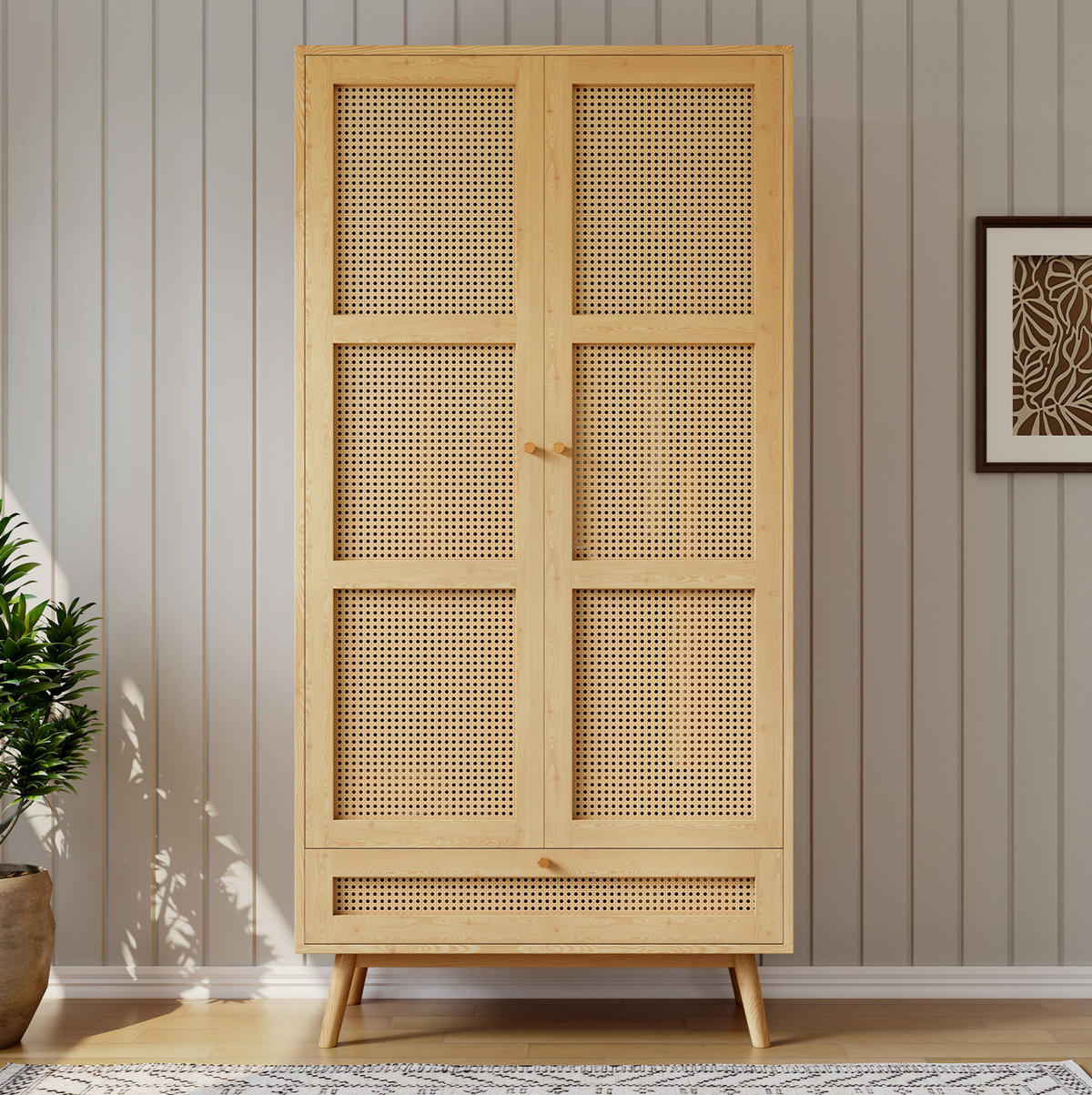 KLEIDERSCHRANK 90/45/183 cm natur aus Holzwerkstoff und PE-Rattan mit Kleiderstange und Klappfach - Naturfarben, Holz (90/183/45cm) - OKWISH
