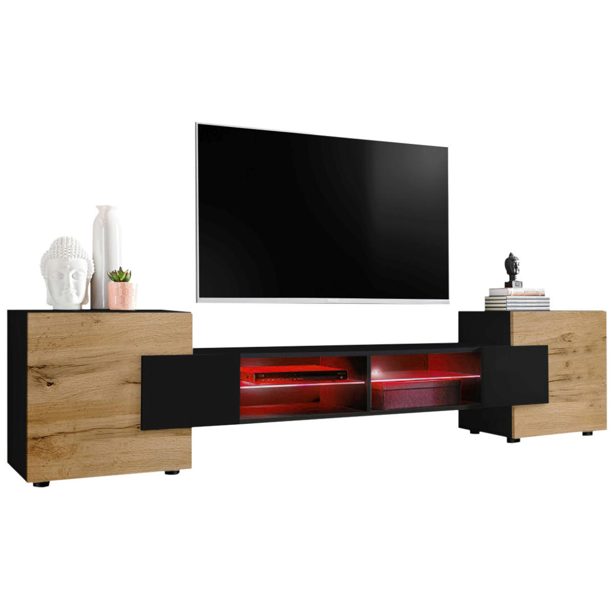 LOWBOARD MERANO Schwarz, LED Beleuchtung Mehrfarbige - Eiche Wotan/Schwarz, Glas/Holzwerkstoff (230/52.5/35cm) - Komodee