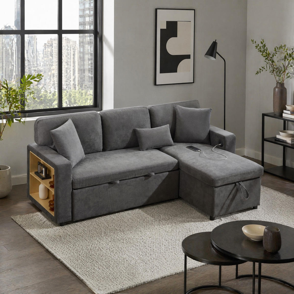 ECKSOFA mit Bettkasten und Regal, Dunkelgrau, 214/131/87 cm - Dunkelgrau, Textil (214/131cm) - EVRYAE