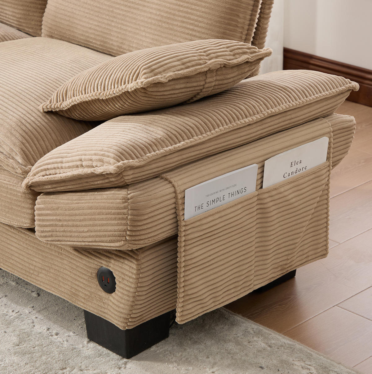 WOHNLANDSCHAFT aus Corduroy 260x132x84 cm in Beige mit 2 Hockern & USB-C - Beige, Textil (132/84/260cm) - Modfu