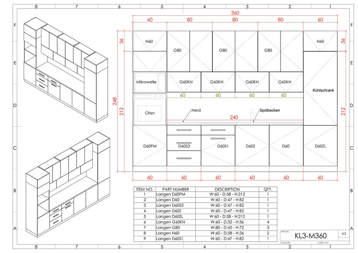 KÜCHENZEILE 360 - Langen KL3-M360 in Beige/Artisan Eiche - Beige/Schwarz, Holz (360/248/58cm)