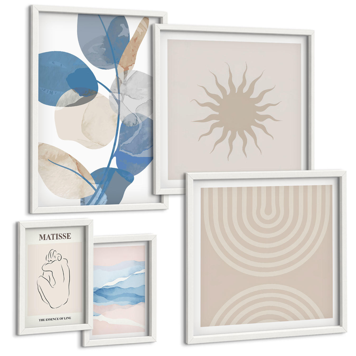 BILDER SET 5er Set - 50x50 cm & 20x30 cm & 40x60 cm Weißer Rahmen - Linien, Wellen, Pastellfarben, minimalistisch - Weiß, Kunststoff (40/60cm) - TULUP
