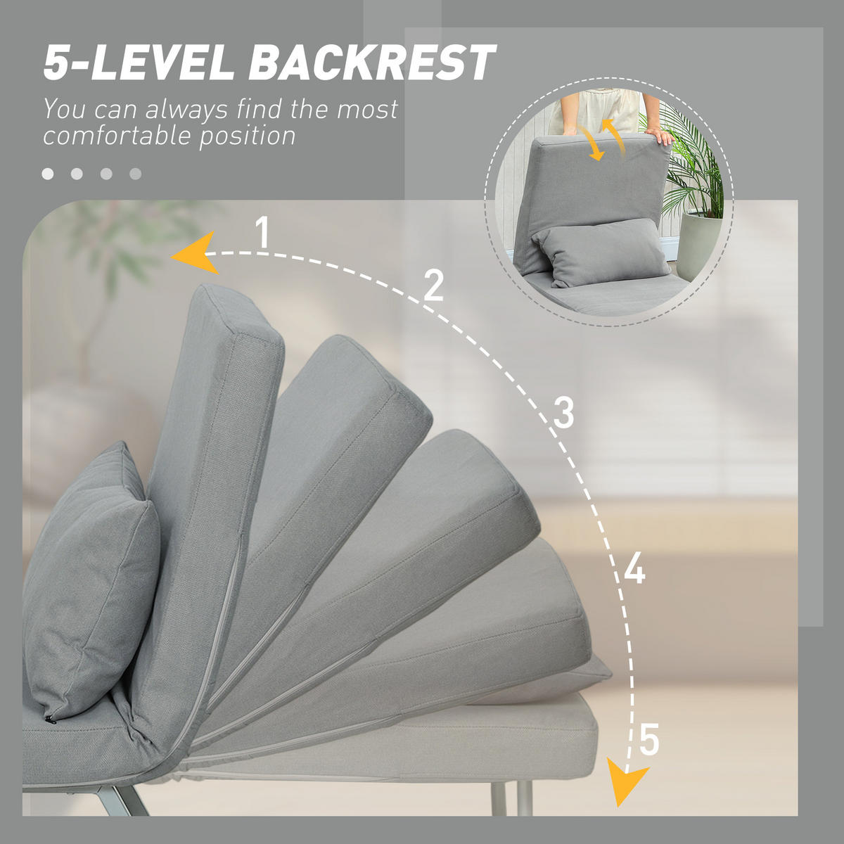 SCHLAFSESSEL 3-in-1 Sessel Bett-Funktion und Zierkissen, Hellgrau - Hellgrau/Grau, Textil/Metall (73/81/78cm) - HOMCOM