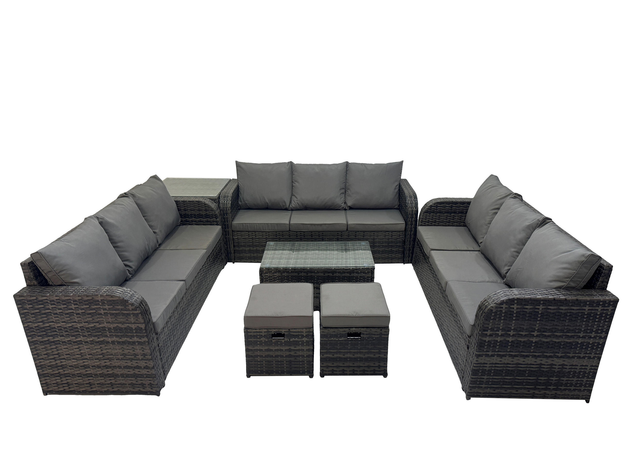 GARTENMÖBELGARNITUR mit KISSEN Polyrattan Dunkelgrau 11-Sitzer - Dunkelgrau/Grau, Glas/Kunststoff - Fimous