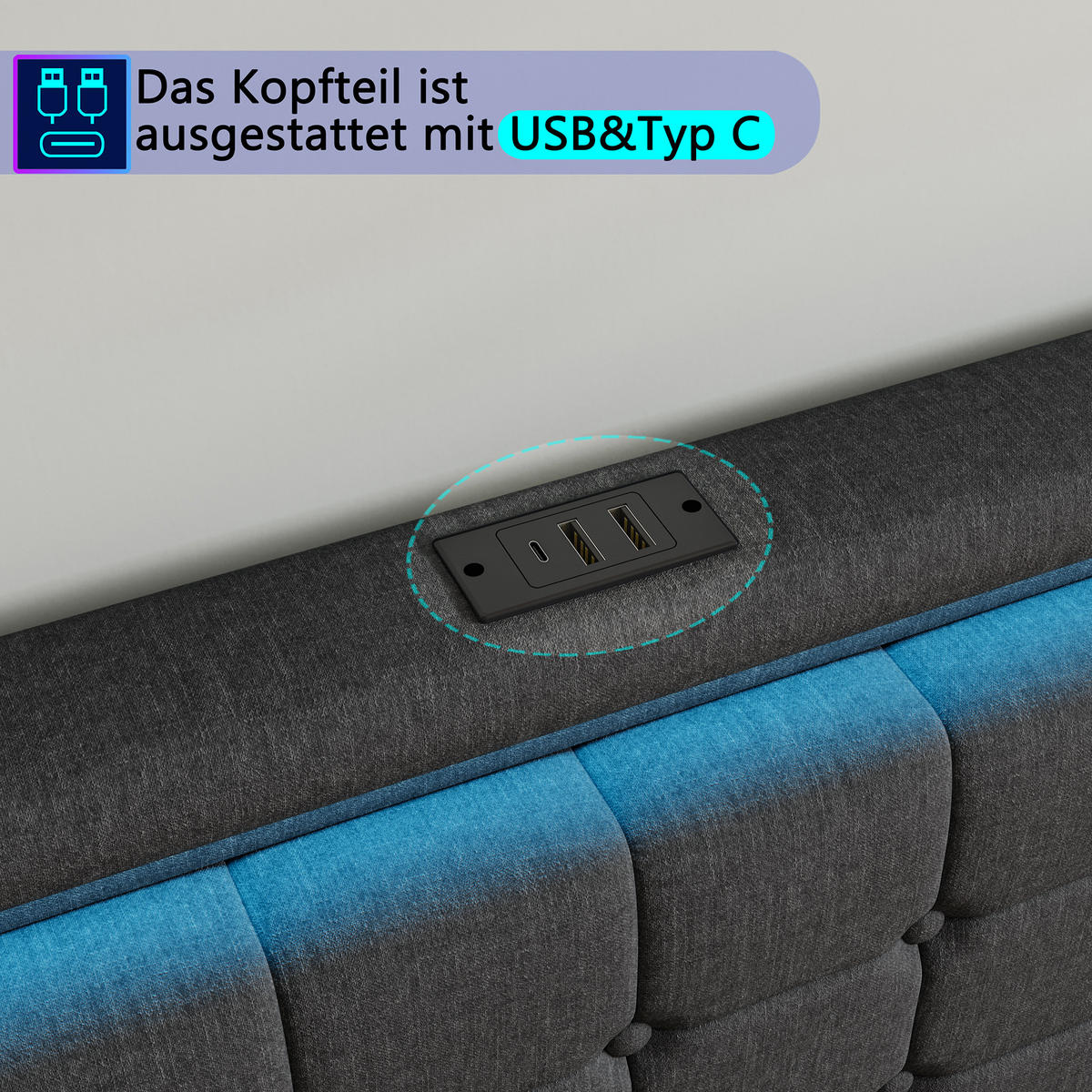 POLSTERBETT 140x200 cm, Grau, mit LED-Beleuchtung & USB-Aufladung - Grau, Textil/Metall (140/200cm)