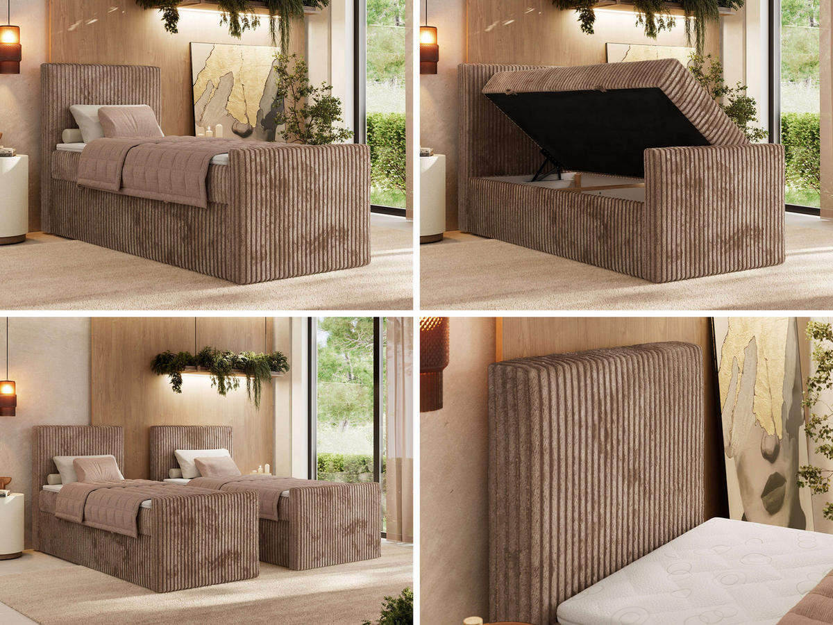 BOXBETT TILIANO DUO 90/200 - Braun Cord - H4 - Topper Visco - Links Seite - Braun, Textil (90/200cm) - MKS