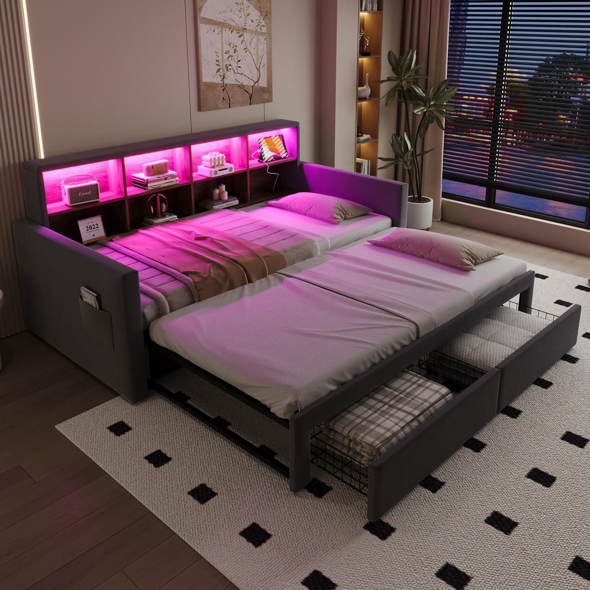 POLSTERBETT 90/190 cm Dunkelgrau aus Samt mit LED-Beleuchtung und Stauraum - Dunkelgrau, Textil (90/190cm) - OKWISH